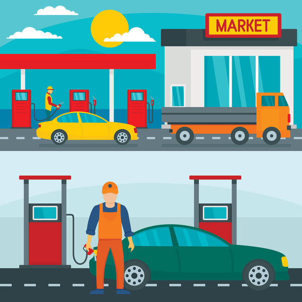 Petrol station gas banner concept set, flat style