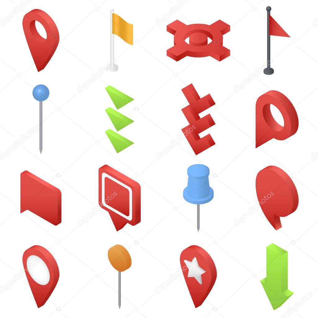 Map pointer pin arrow icons set, isometric style