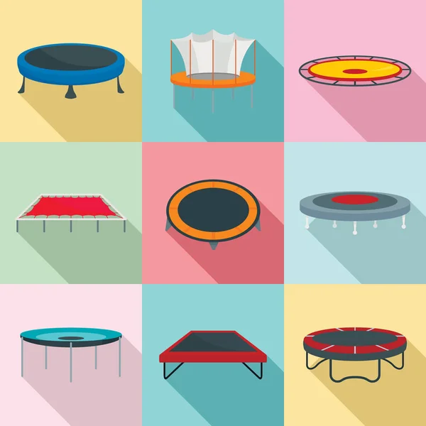 Ensemble d'icônes de joie de parc de saut de trampoline, style plat — Image vectorielle