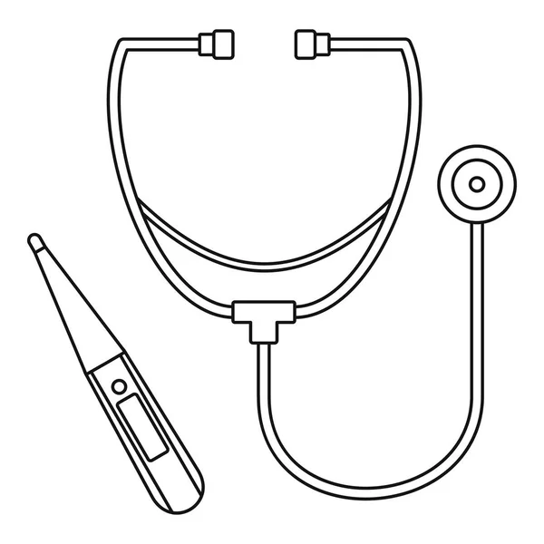 Stethoscoop, thermometer pictogram, Kaderstijl — Stockvector