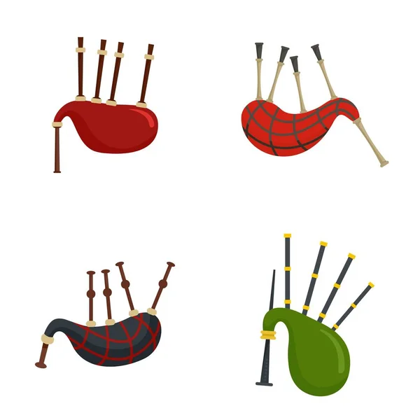 Doedelzak Schotland Schotse iconen set, vlakke stijl — Stockvector