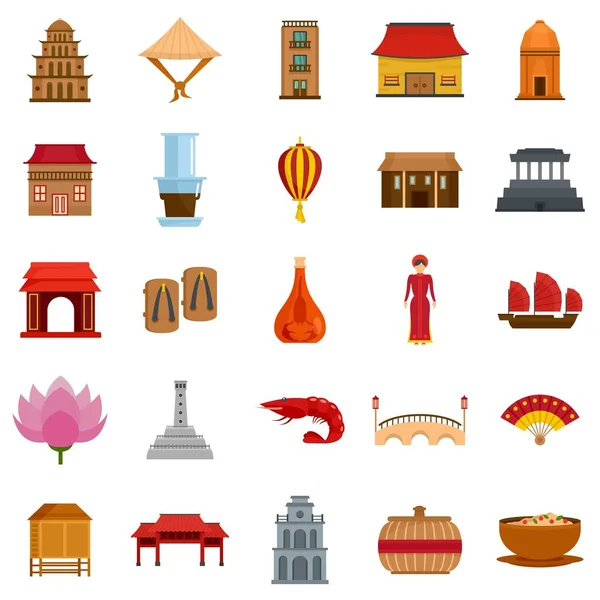 Düz stil Vietnam seyahat turizm Icons set — Stok Vektör