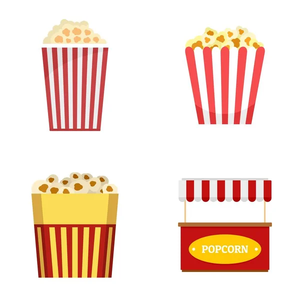 Patlamış mısır sinema çizgili kutusu Icons set, düz stil — Stok Vektör