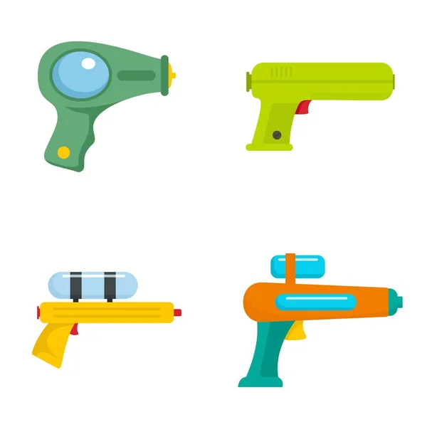 Ράντισμα όπλο πιστόλι νερού εικονίδια που παιχνίδι σύνολο, επίπεδη στυλ — Διανυσματικό Αρχείο