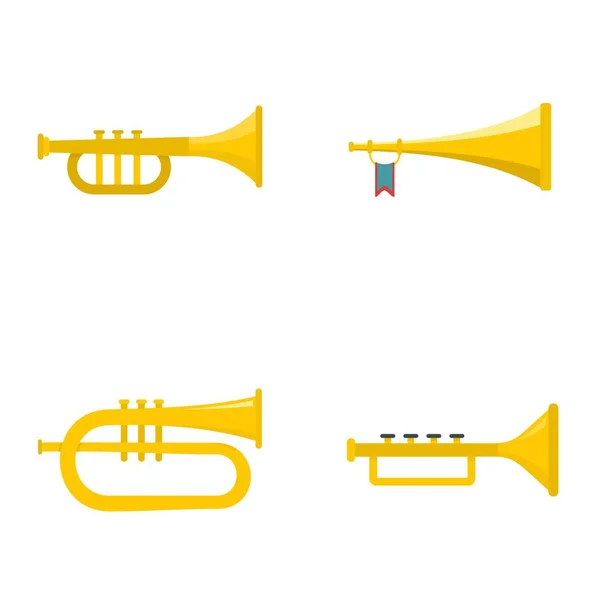 Tromba tromba strumento musicale set di icone, in stile piatto — Vettoriale Stock