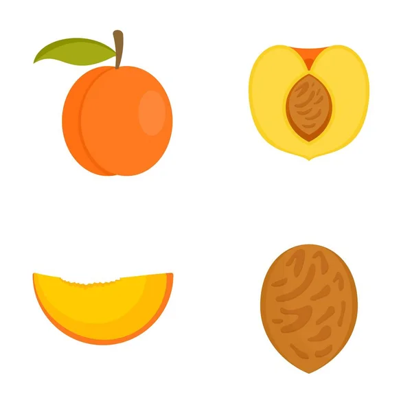 Perzikboom plakjes fruit halve pictogrammen ingesteld, vlakke stijl — Stockvector