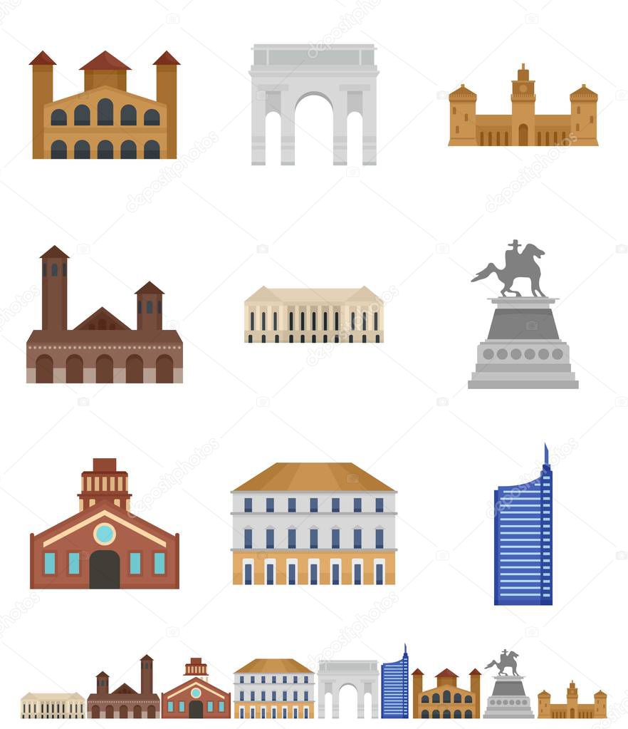 Milan Italy city skyline icons set, flat style