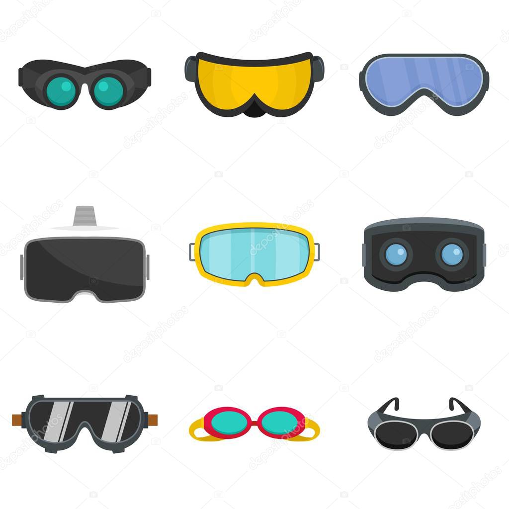 Goggles ski glass mask icons set, flat style