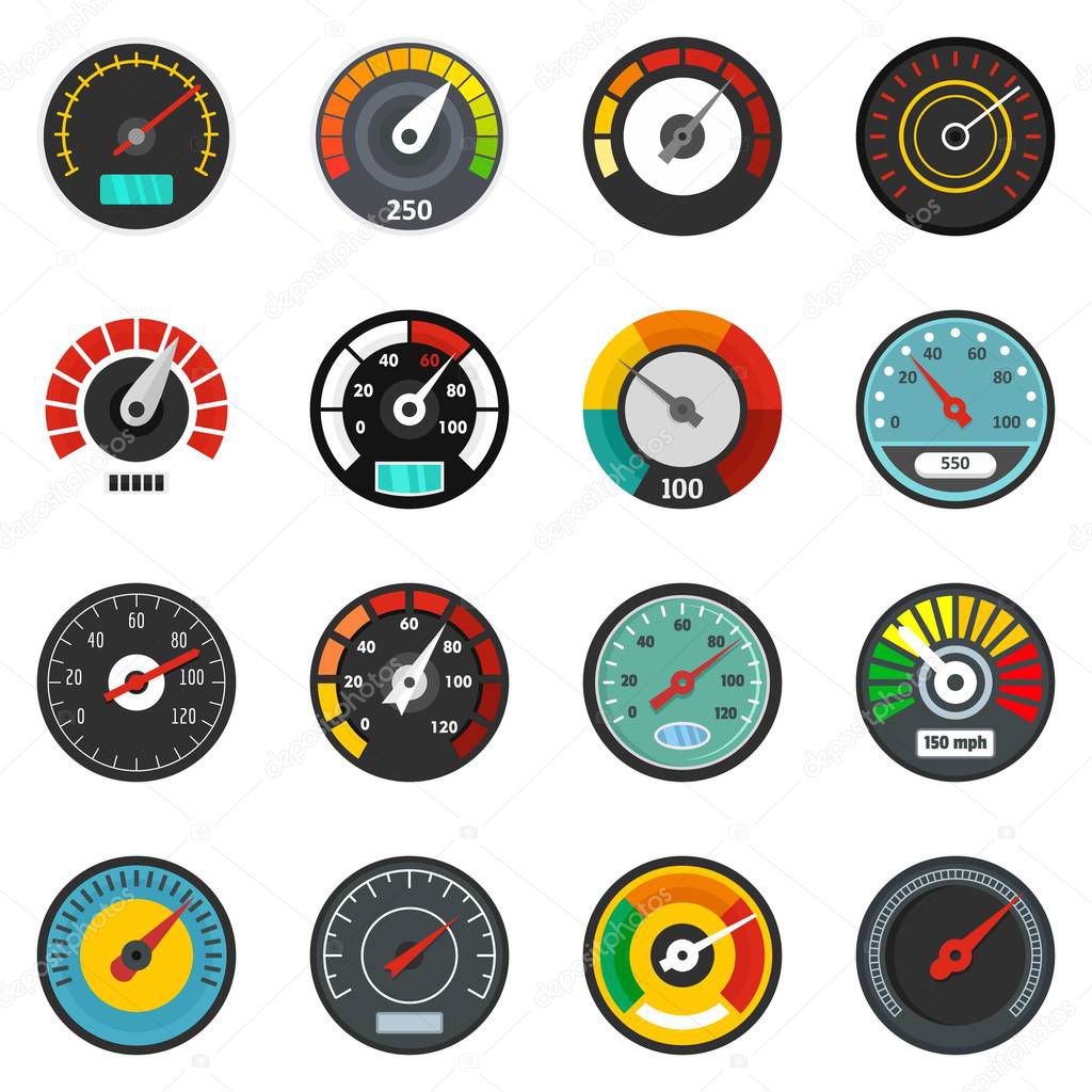 Speedometer level indicator icons set, flat style