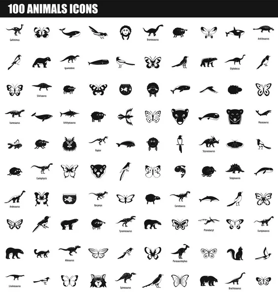 100 hewan ikon set, gaya sederhana - Stok Vektor