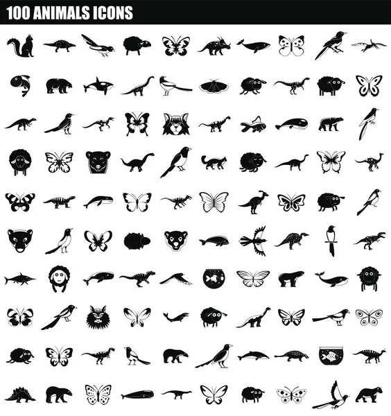 100 hewan ikon set, gaya sederhana - Stok Vektor