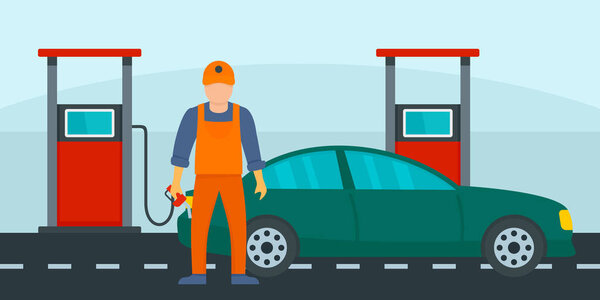 Man fill the car with petrol background, flat style