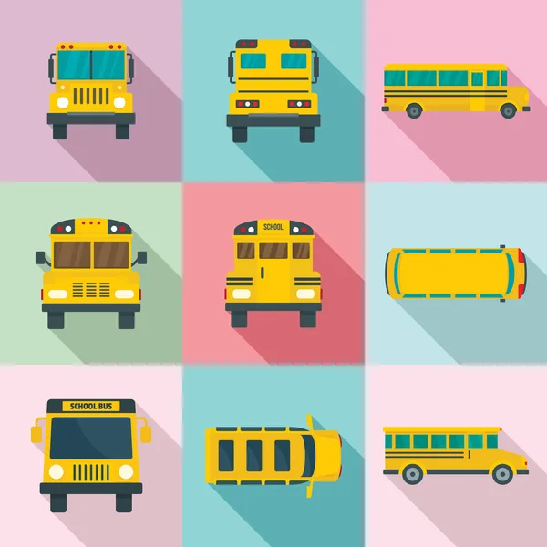 Conjunto de iconos para niños de regreso en autobús escolar, estilo plano — Archivo Imágenes Vectoriales