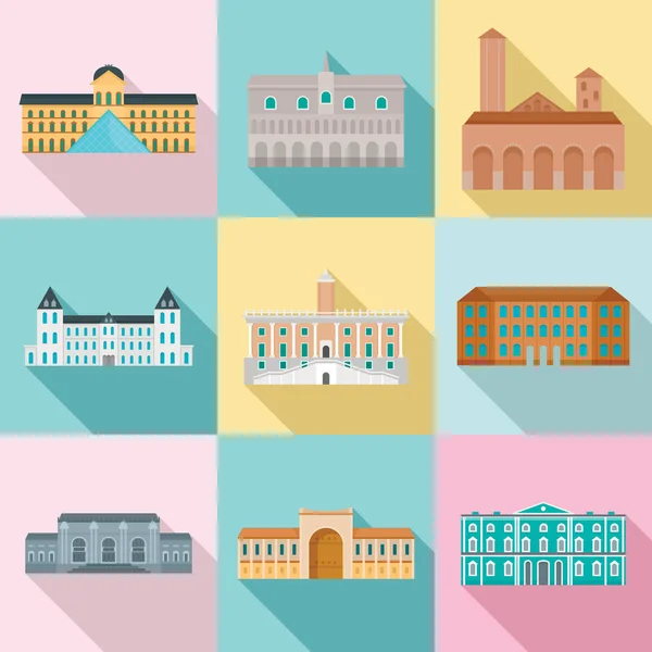 Día del Museo Italia conjunto de iconos de palacio, de estilo plano — Vector de stock