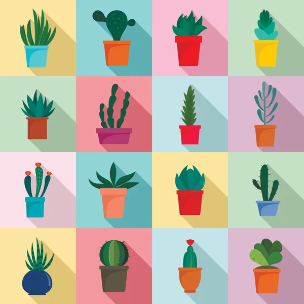 Sukkulenten und Kaktusblumen Ikonen Set, flacher Stil — Stockvektor