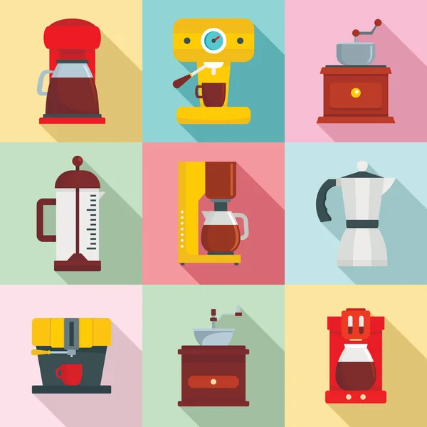 Kahve makinesi pot espresso Icons set, düz stil — Stok Vektör