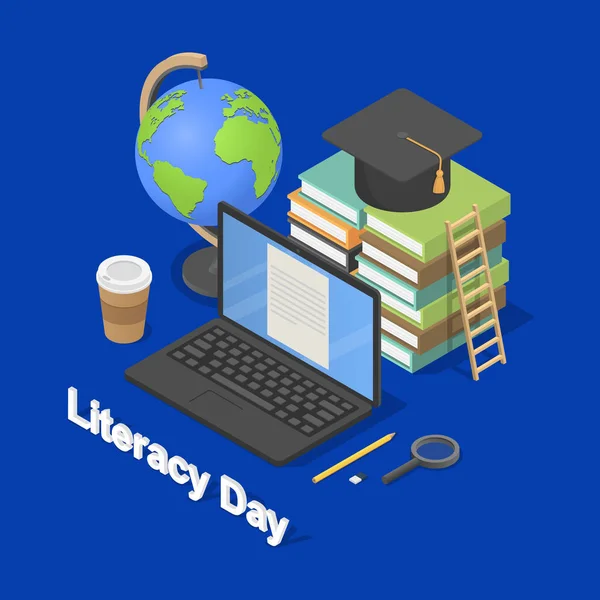 Literacy Day book banner concept, isometric style — Stock Vector