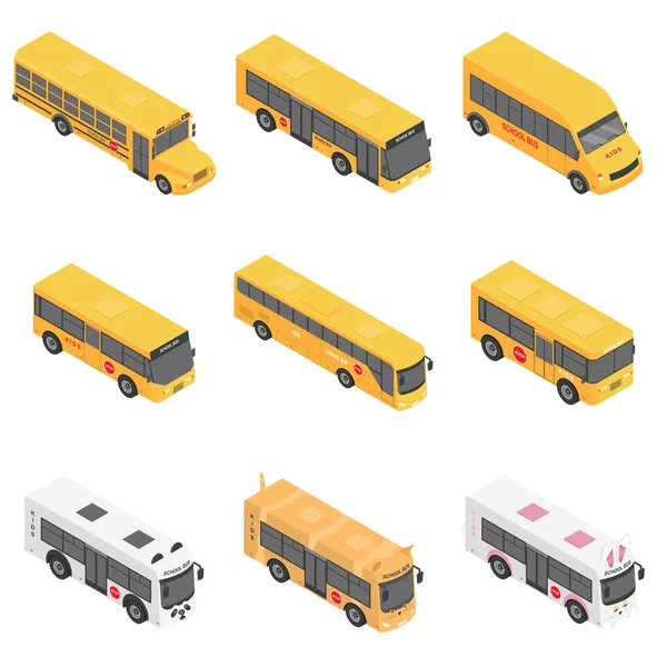 Escola de ônibus de volta crianças ícones conjunto, estilo isométrico — Vetor de Stock