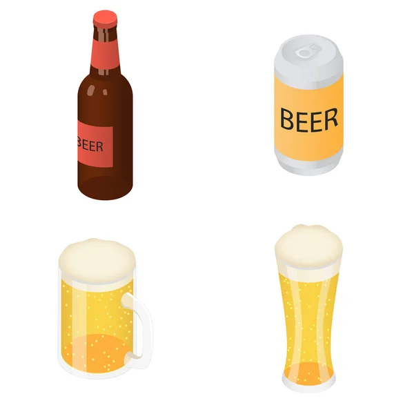 Conjunto de iconos de vidrio de botellas de cerveza, estilo isométrico — Vector de stock