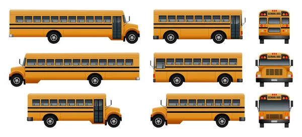 Bus scolaire retour enfants icônes ensemble, style réaliste — Image vectorielle