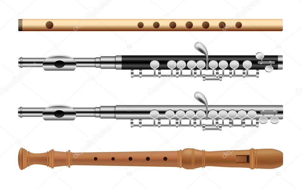 Flute musical instrument icons set, flat style