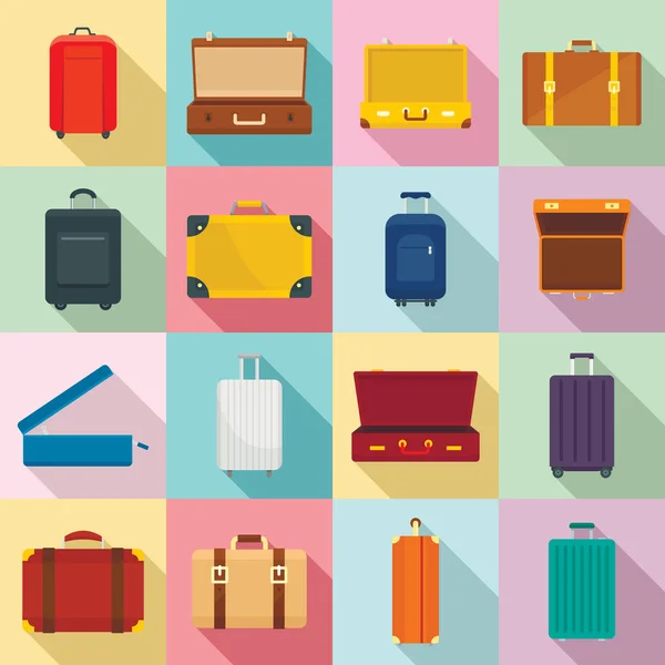 Suitcase travel luggage bag icons set, flat style — Stock Vector