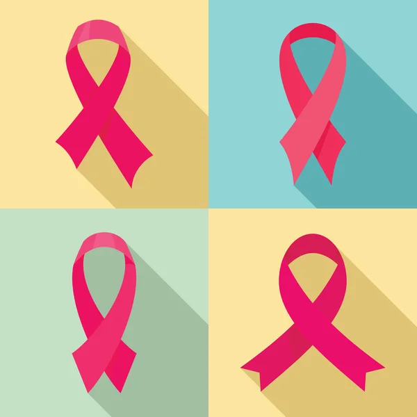 Set ikon merah muda pita kanker payudara, gaya datar - Stok Vektor