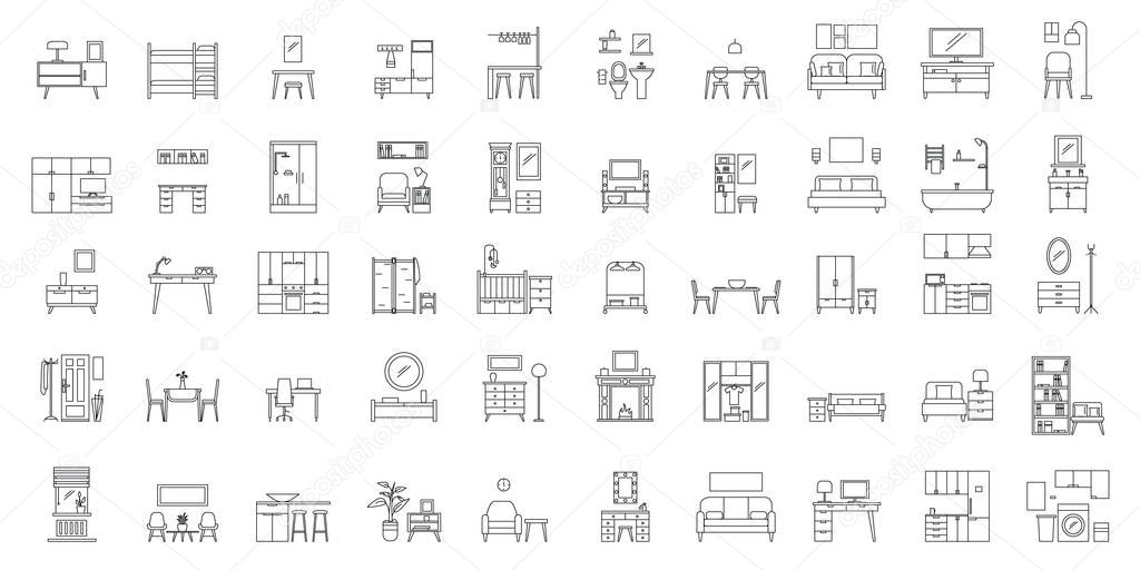 Interior room objects icons set, outline style