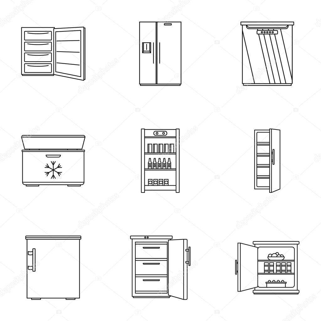 Refrigerated carton icons set, outline style