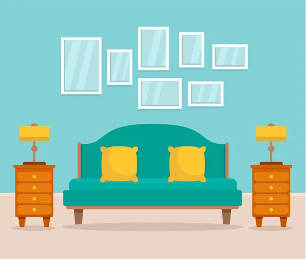 卧室内饰概念背景, 平面风格 — 图库矢量图片