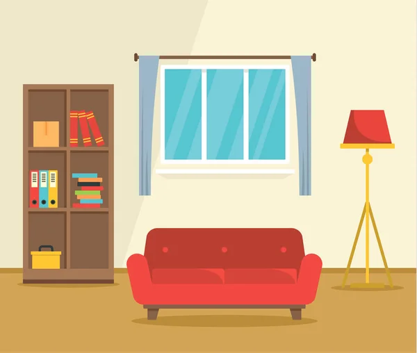 Canapé rouge fond concept intérieur, style plat — Image vectorielle