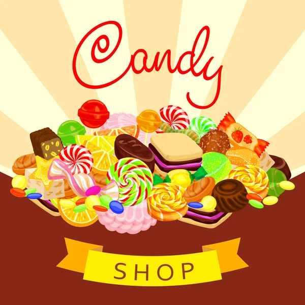 Deliciosa tienda de dulces concepto de fondo, estilo de dibujos animados — Vector de stock