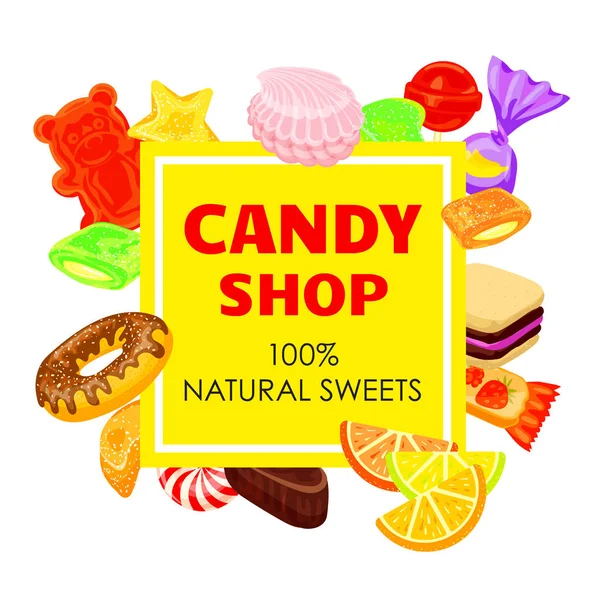 Lollipop doces loja conceito fundo, estilo dos desenhos animados —  Vetores de Stock