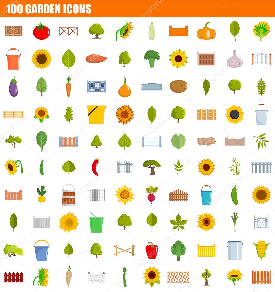 100 garden icon set, flat style