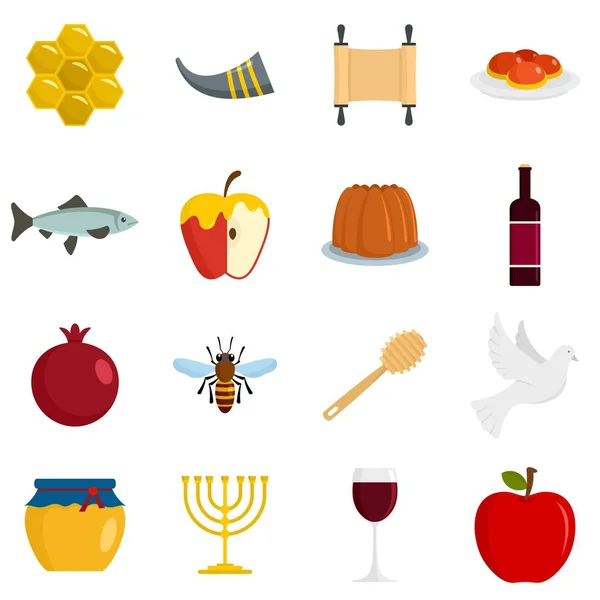 Rosh Hashanah ícones de férias judaicas conjunto, estilo plano —  Vetores de Stock