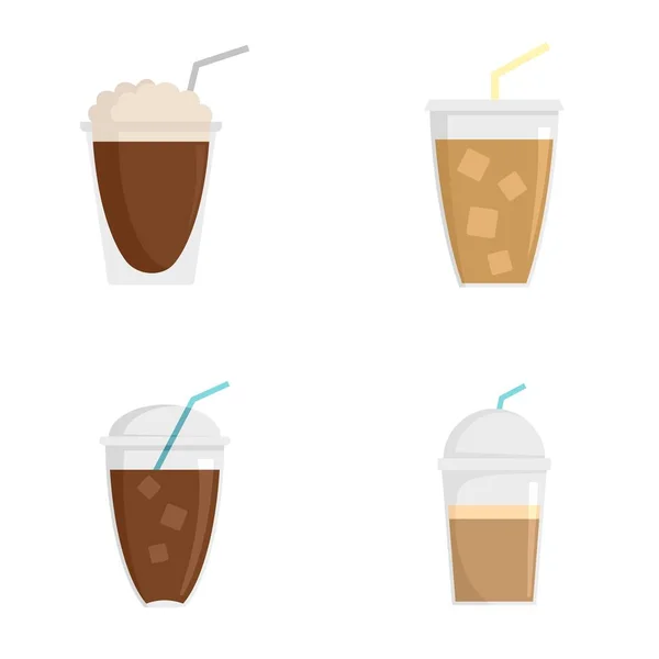Sorvete de café gelado conjunto de ícones de xícara fria, estilo plano — Vetor de Stock