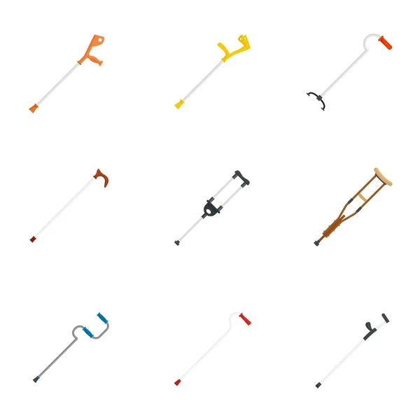 Crutches apoio lesão cuidados ícones set, estilo plano — Vetor de Stock