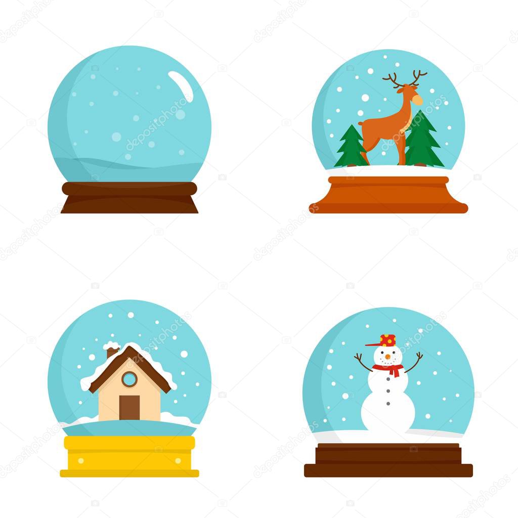 Snow globe ball christmas icons set, flat style