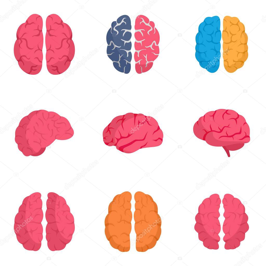 Genius brain icon set, flat style