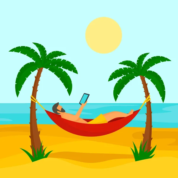 Man at beach hammock concept background, flat style — Stock Vector