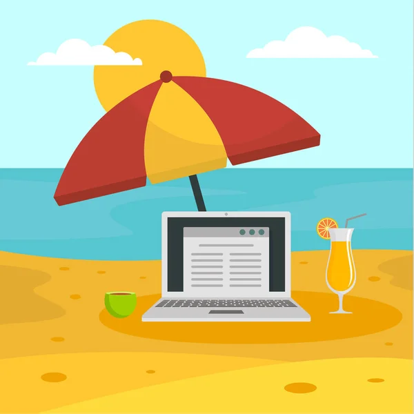 Cuaderno freelancer en el fondo del concepto de playa, estilo plano — Vector de stock