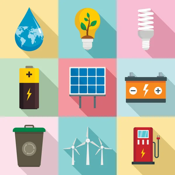 Energiesparendes Icon Set, flacher Stil — Stockvektor