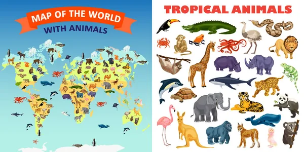 Conjunto de pancartas de animales del zoológico, estilo de dibujos animados — Archivo Imágenes Vectoriales