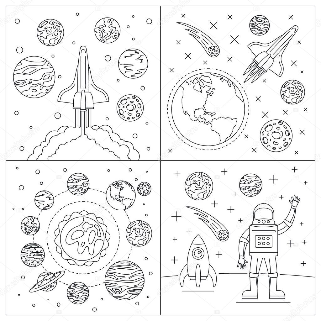 Galaxy planets banner set, outline style