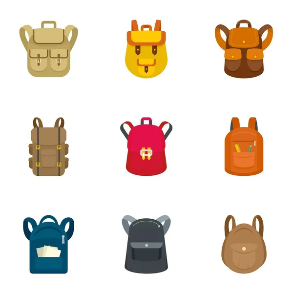 Conjunto de iconos de mochila escolar, estilo plano — Vector de stock