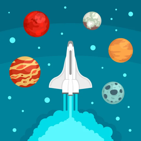 Fly space ship concept background, flat style