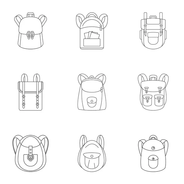Conjunto de iconos de mochila retro, estilo de esquema — Vector de stock