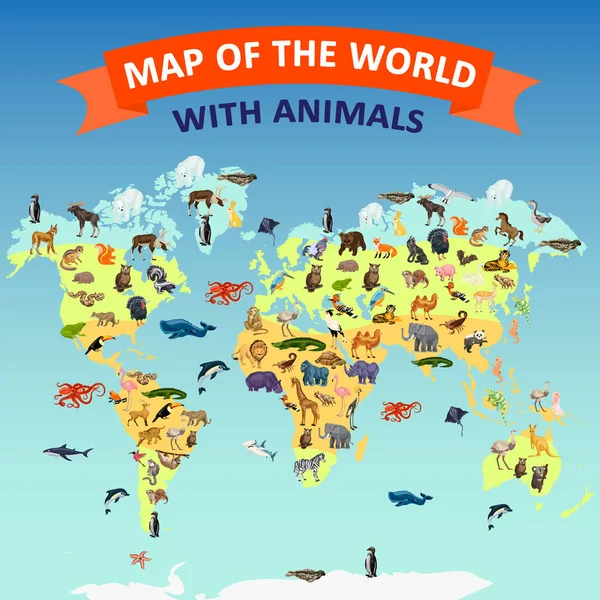 Wereld kaart dierlijke concept achtergrond, cartoon stijl — Stockvector