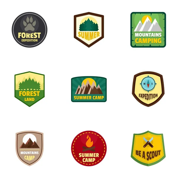 Conjunto de emblema de logotipo da expedição de acampamento, estilo plano — Vetor de Stock