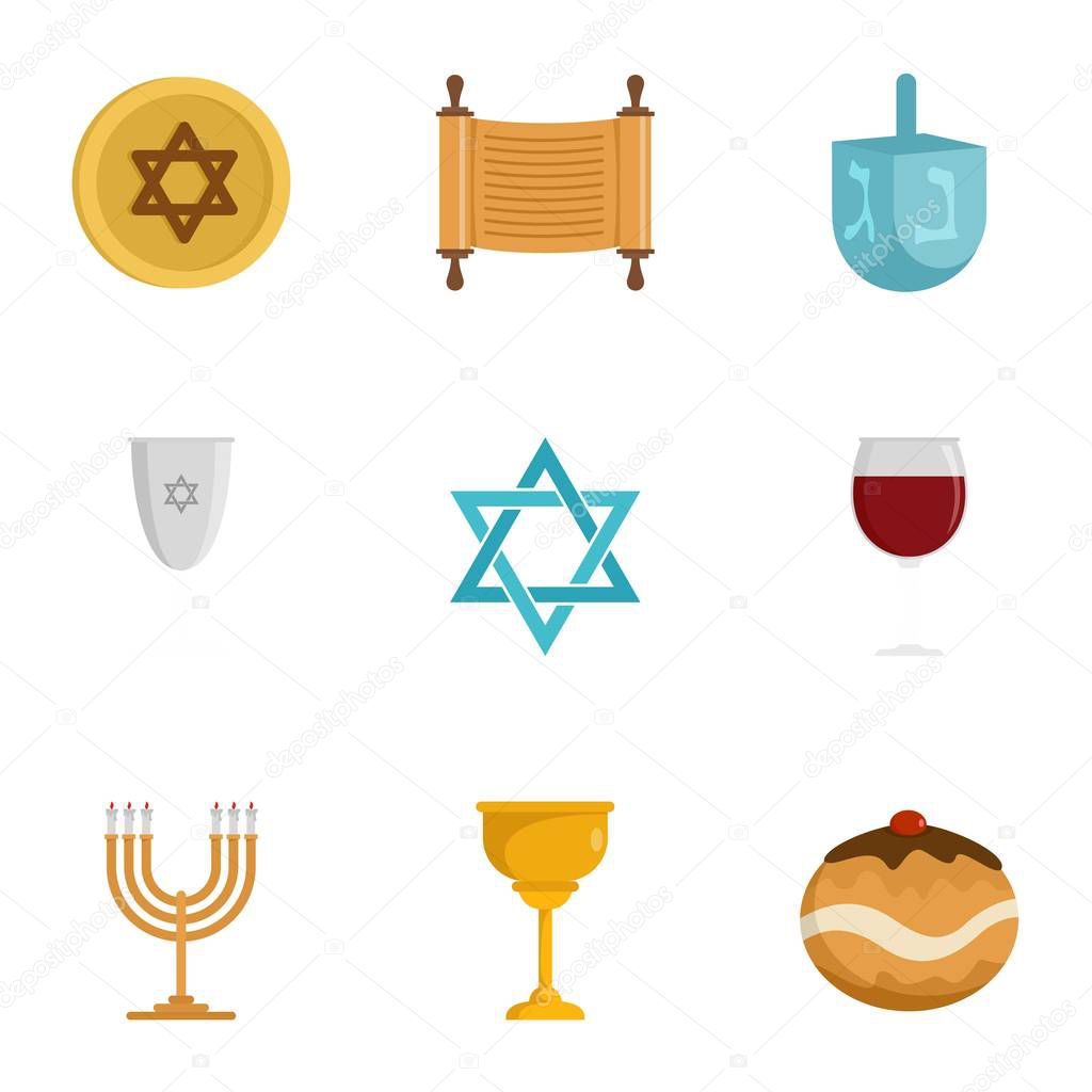 Jewish religion icon set, flat style